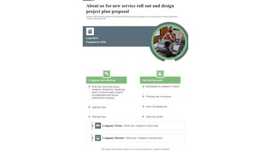 About Us For New Service Roll Out And Design Project Plan Proposal One Pager Sample Example Document About Us For New Service Roll Out And Design Project Plan Proposal One Pager Sample Example Document