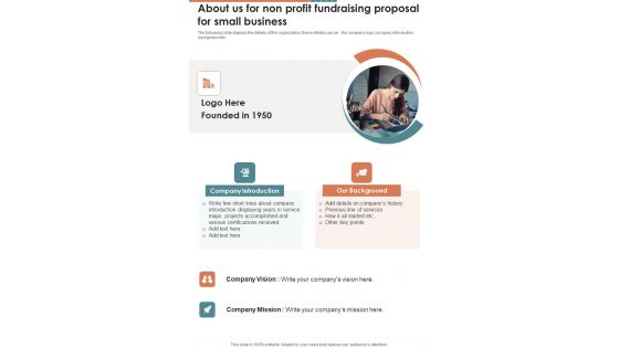 About Us For Non Profit Fundraising Proposal For Small Business One Pager Sample Example Document