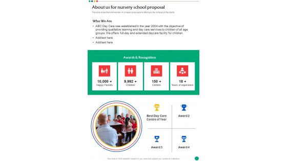 About Us For Nursery School Proposal One Pager Sample Example Document