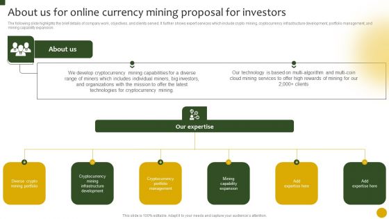 About Us For Online Currency Mining Proposal For Investors Ppt Slides Portrait PDF