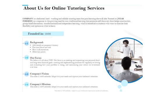 About Us For Online Tutoring Services Ppt PowerPoint Presentation Background Designs PDF