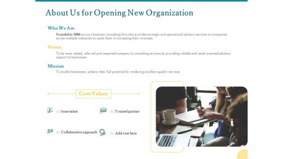 About Us For Opening New Organization Ppt PowerPoint Presentation Slides Graphics Pictures PDF