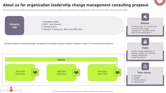 About Us For Organization Leadership Change Management Consulting Proposal Graphics PDF