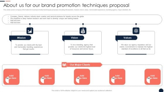 About Us For Our Brand Promotion Techniques Proposal Ppt Infographic Template Vector PDF