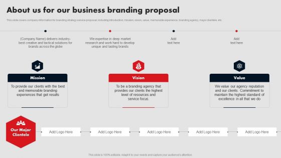 About Us For Our Business Branding Proposal Ppt Inspiration Information PDF