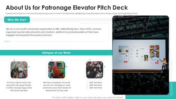 About Us For Patronage Elevator Pitch Deck Pictures PDF