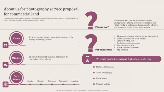 About Us For Photography Service Proposal For Commercial Land Summary PDF