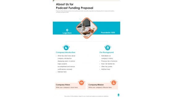 About Us For Podcast Funding Proposal One Pager Sample Example Document