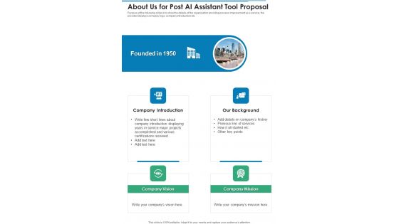 About Us For Post AI Assistant Tool Proposal One Pager Sample Example Document