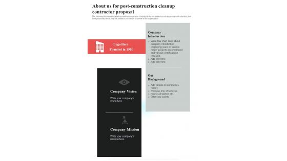 About Us For Post Construction Cleanup Contractor Proposal One Pager Sample Example Document