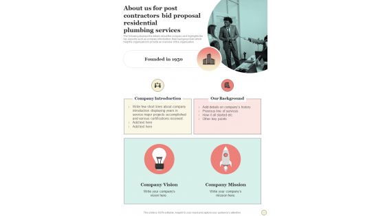 About Us For Post Contractors Bid Proposal Residential Plumbing Services One Pager Sample Example Document About Us For Post Contractors Bid Proposal Residential Plumbing Services One Pager Sample Example Document