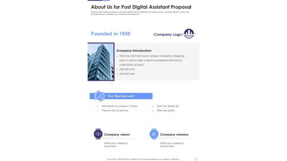 About Us For Post Digital Assistant Proposal One Pager Sample Example Document