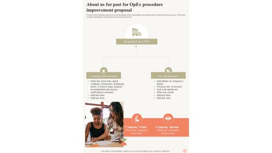 About Us For Post For Opex Procedure Improvement Proposal One Pager Sample Example Document About Us For Post For Opex Procedure Improvement Proposal One Pager Sample Example Document