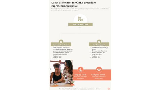 About Us For Post For Opex Procedure Improvement Proposal One Pager Sample Example Document