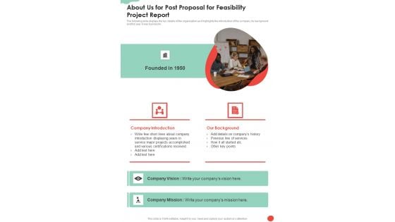 About Us For Post Proposal For Feasibility Project Report One Pager Sample Example Document