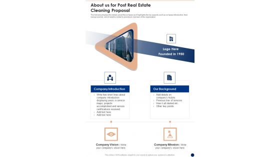 About Us For Post Real Estate Cleaning Proposal One Pager Sample Example Document