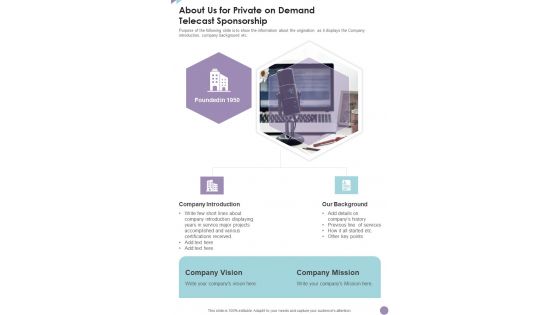 About Us For Private On Demand Telecast Sponsorship One Pager Sample Example Document