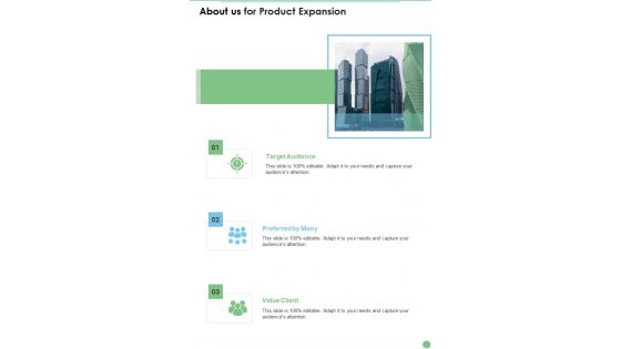 About Us For Product Expansion One Pager Sample Example Document