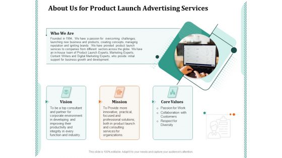 About Us For Product Launch Advertising Services Ppt PowerPoint Presentation Infographics Inspiration PDF