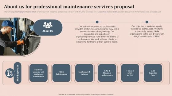 About Us For Professional Maintenance Services Proposal Background PDF