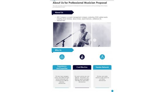 About Us For Professional Musician Proposal One Pager Sample Example Document