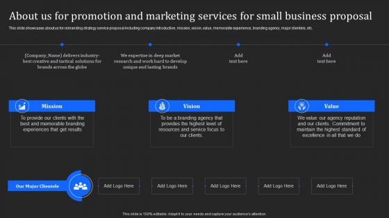 About Us For Promotion And Marketing Services For Small Business Proposal Background PDF