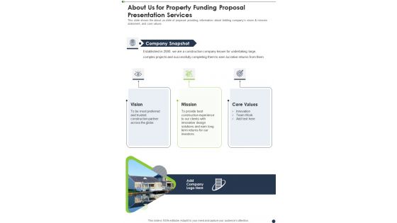 About Us For Property Funding Proposal Presentation Services One Pager Sample Example Document