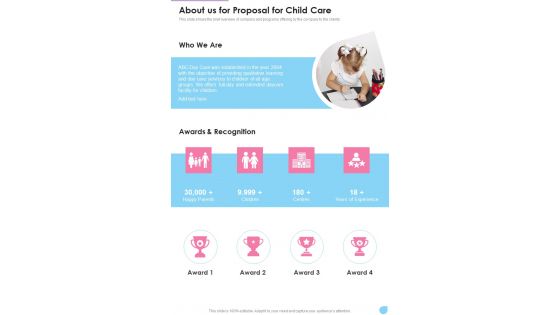 About Us For Proposal For Child Care One Pager Sample Example Document About Us For Proposal For Child Care One Pager Sample Example Document