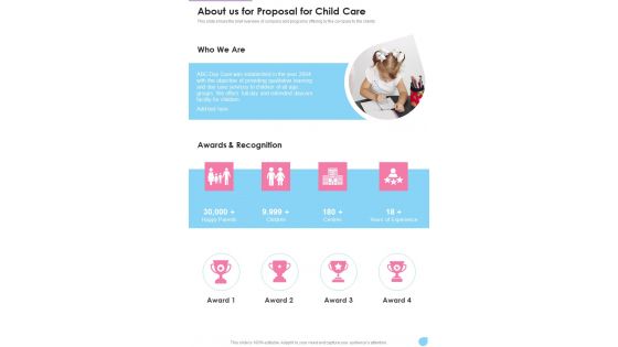 About Us For Proposal For Child Care One Pager Sample Example Document