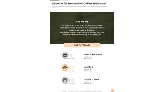 About Us For Proposal For Coffee Restaurant One Pager Sample Example Document About Us For Proposal For Coffee Restaurant One Pager Sample Example Document