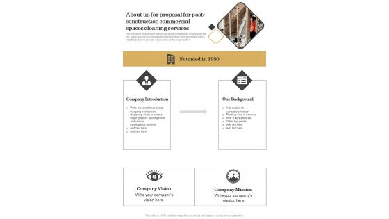 About Us For Proposal For Post Construction Commercial Spaces Cleaning Services One Pager Sample Example Document About Us For Proposal For Post Construction Commercial Spaces Cleaning Services One Pager Sample Example Document