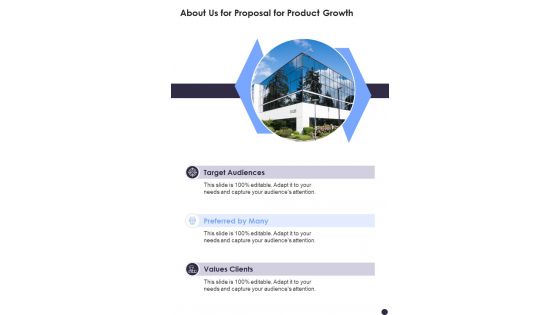 About Us For Proposal For Product Growth One Pager Sample Example Document