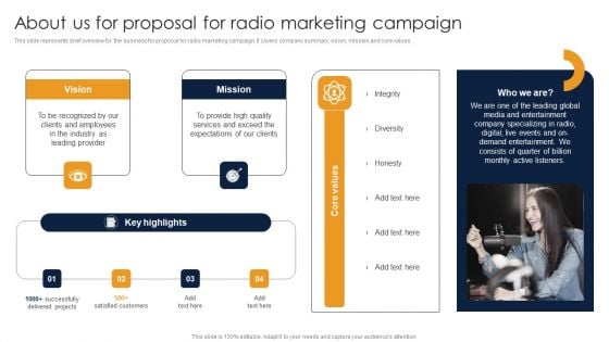 About Us For Proposal For Radio Marketing Campaign Ppt File Demonstration PDF