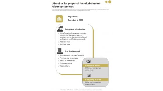 About Us For Proposal For Refurbishment Cleanup Services One Pager Sample Example Document