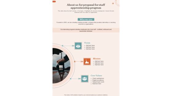 About Us For Proposal For Staff Apprenticeship Program One Pager Sample Example Document About Us For Proposal For Staff Apprenticeship Program One Pager Sample Example Document