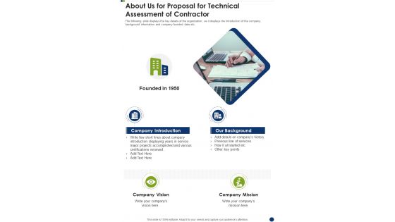 About Us For Proposal For Technical Assessment Of Contractor One Pager Sample Example Document