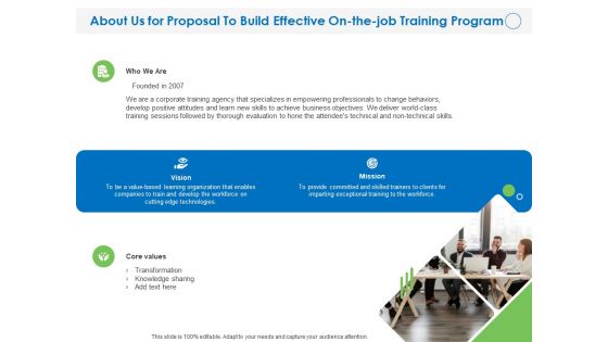 About Us For Proposal To Build Effective On The Job Training Program Ppt PowerPoint Presentation Pictures Graphics Download PDF