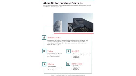 About Us For Purchase Services One Pager Sample Example Document