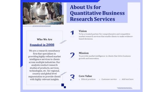 About Us For Quantitative Business Research Services Ppt PowerPoint Presentation Inspiration Professional PDF