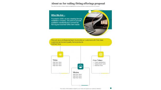 About Us For Railing Fitting Offerings Proposal One Pager Sample Example Document