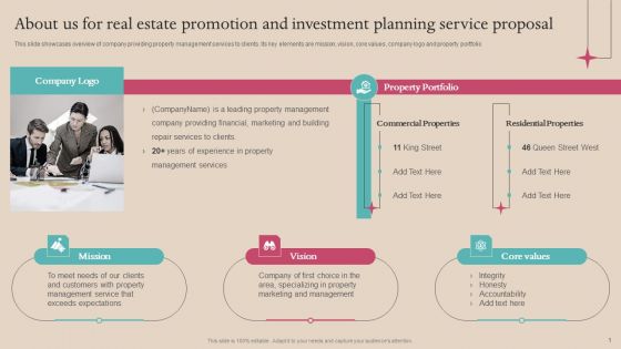 About Us For Real Estate Promotion And Investment Planning Service Proposal Microsoft PDF