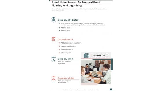 About Us For Request For Proposal Event Planning And Organizing One Pager Sample Example Document About Us For Request For Proposal Event Planning And Organizing One Pager Sample Example Document