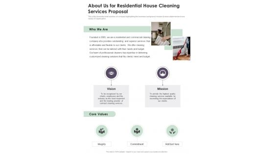 About Us For Residential House Cleaning Services Proposal One Pager Sample Example Document