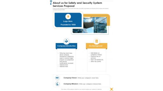 About Us For Safety And Security System Services Proposal One Pager Sample Example Document