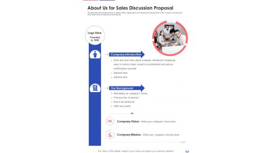 About Us For Sales Discussion Proposal One Pager Sample Example Document