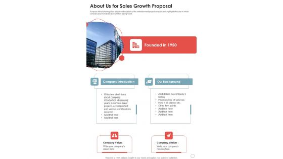 About Us For Sales Growth Proposal One Pager Sample Example Document About Us For Sales Growth Proposal One Pager Sample Example Document