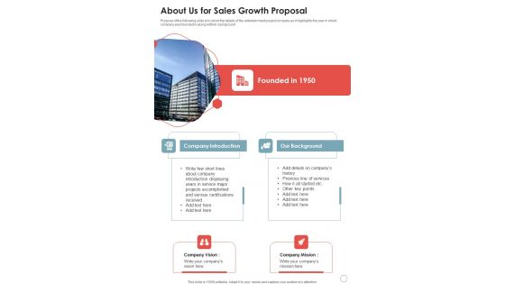 About Us For Sales Growth Proposal One Pager Sample Example Document