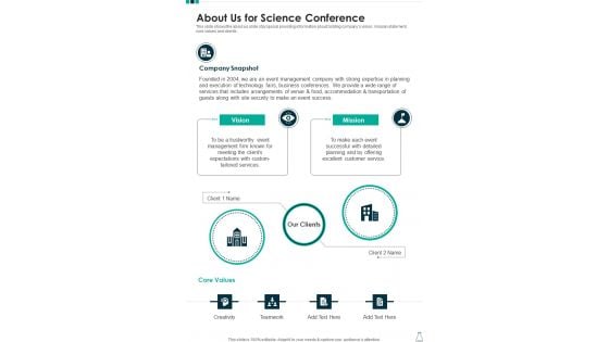 About Us For Science Conference One Pager Sample Example Document