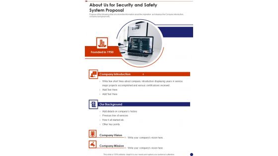 About Us For Security And Safety System Proposal One Pager Sample Example Document