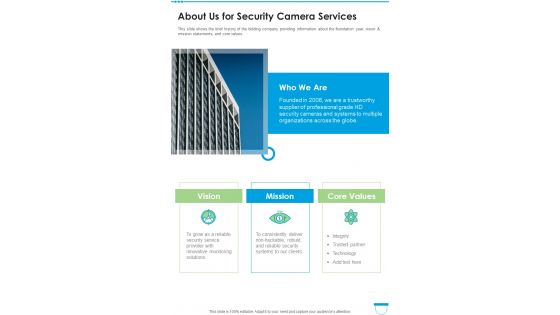 About Us For Security Camera Services One Pager Sample Example Document